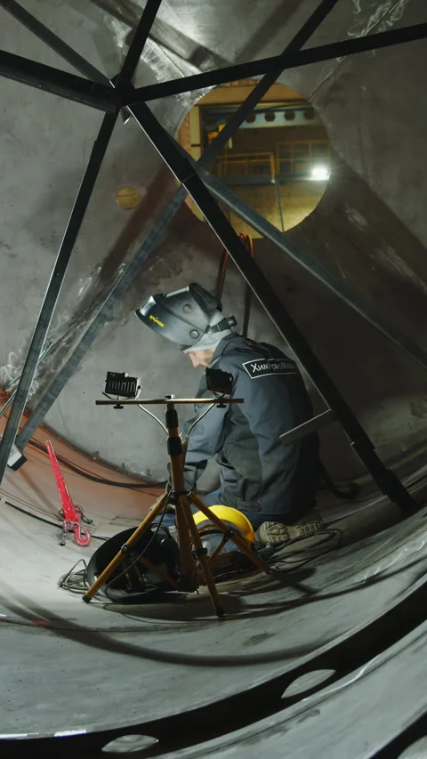 A dedicated worker performs tasks inside an industrial tank, focusing on safety 動画素材 306074413