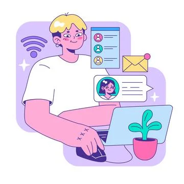 Dedicated young professional interacts with digital elements. Flat vector Stock Illustration