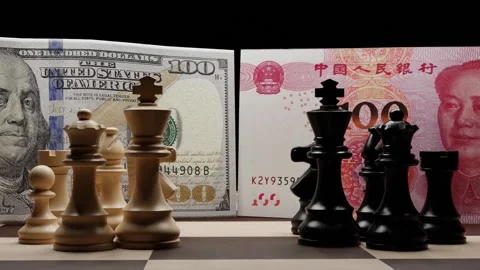 Dedollarization, US 100 Dollar and Chinese 100 yuan with chess pieces Stock Footage 239936390