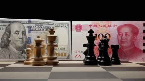 Dedollarization, US 100 Dollar and Chinese 100 yuan with chess pieces Stock Footage 239936485