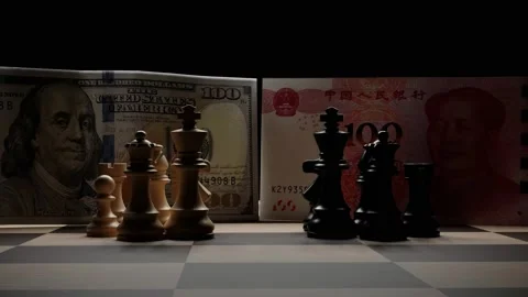 Dedollarization, US 100 Dollar and Chinese 100 yuan with chess pieces Stock Footage 239936491