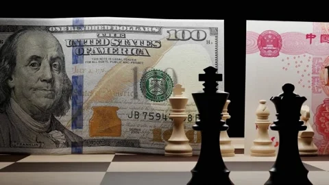 Dedollarization, US 100 Dollar and Chinese 100 yuan with chess pieces Stock Footage 239936573