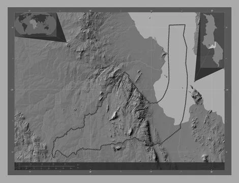 Dedza, Malawi. Bilevel elevation map with lakes and rivers Stock Illustration