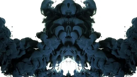Deep black and blue ink clouds create a mirrored Rorschach-like illusion Stock Footage 338106210