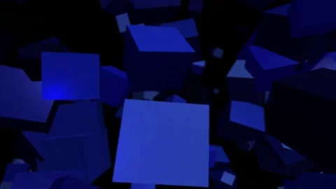 Deep blue abstract cubes tumbling in dark space with subtle light reflections Video stock 346876156