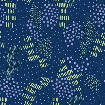 Deep blue abstract dots and spots seamless pattern. Neon stripes ornament Stock Illustration