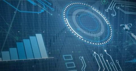 Deep blue analytics interface displaying rising bar chart and circular data 写真素材