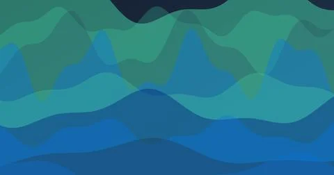 Deep blue and green overlapping wavy shapes on dark background Illustrazione stock