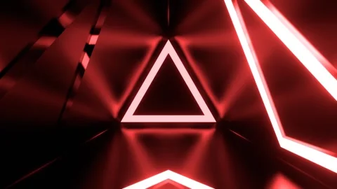 Deep Blue and Light Red Triangular Corridor with Bright Neon Flashes Backgro Видео 344098974