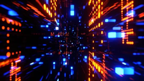 Deep Blue and Orange Digital Neon Space of Cubes and Dots Background VJ Loop Stock Footage 312803145