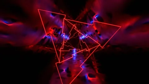 Deep Blue and Red Mystical Triangular Corridor with Fluorescent Light Backgr Stock Footage 334719420
