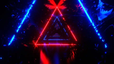Deep Blue and Red Neon Triangle Tunnel with Tree Branches Background VJ Loop Video stock 316900820