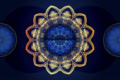 Deep Blue Background With Central Gold Mandala And Side Motif Harmony Ilustração Stock