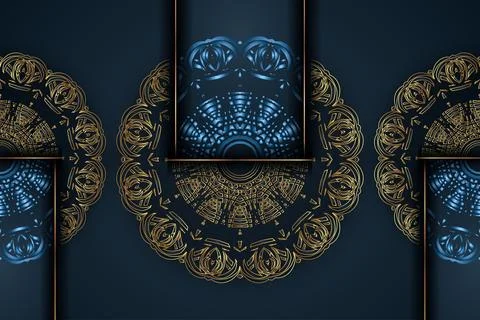 Deep Blue Background With Central Gold Mandala And Side Motif Harmony Ilustração Stock