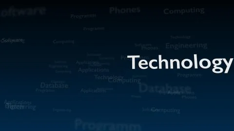 Deep blue background with different words, which deal with technology. Close up Illustrazione stock