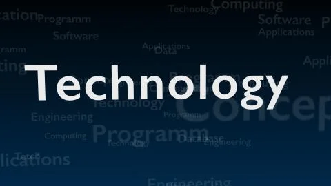 Deep blue background with different words, which deal with technology. Close up Illustrazione stock