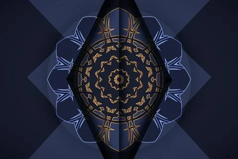 Deep Blue Background With Symmetrical Gold And Blue Mandala Pattern Ilustração Stock