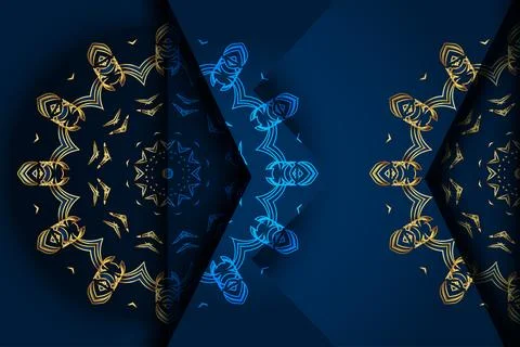 Deep Blue Background With Symmetrical Gold And Blue Mandala Pattern Stock Illustration