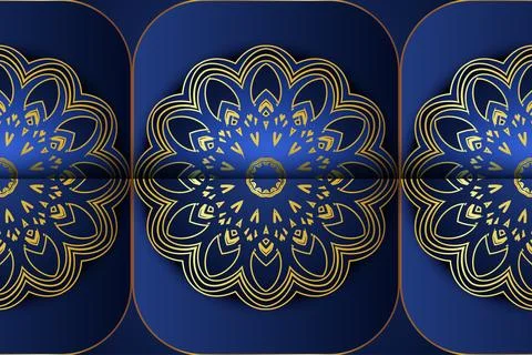 Deep Blue Background With Symmetrical Gold And Blue Mandala Pattern Illustrazione stock