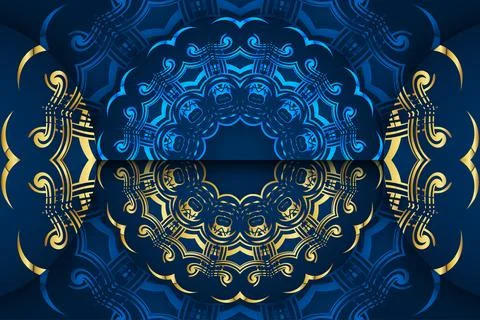 Deep Blue Background With Symmetrical Gold And Blue Mandala Pattern Illustrazione stock