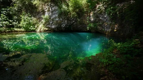 Deep blue clear spring water, limestone cave and overhanging trees at Sorgente Stock Footage 340826571