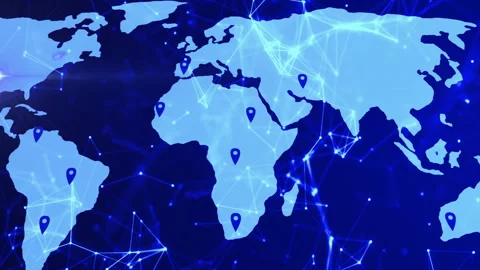 Deep blue glow initiating map fading pins dropping, nodes linking showing global Stock Footage 311141507
