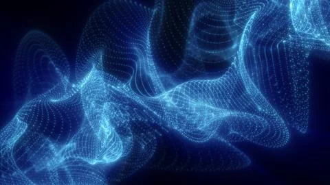 Deep blue glowing waves flow and ripple across a dark backdrop, forming an ab Stock Photos
