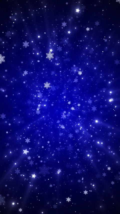 Deep blue holiday background falling snow flakes, radiant star lights, icy spark Stock Footage 340402469