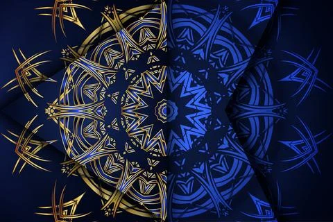 Deep blue mandala art with three overlapping circles in gold blue 스톡 일러스트
