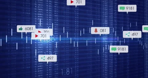 Deep-blue matrix opening, badges appearing over candlestick chart, mapping live Stock Footage 333901124