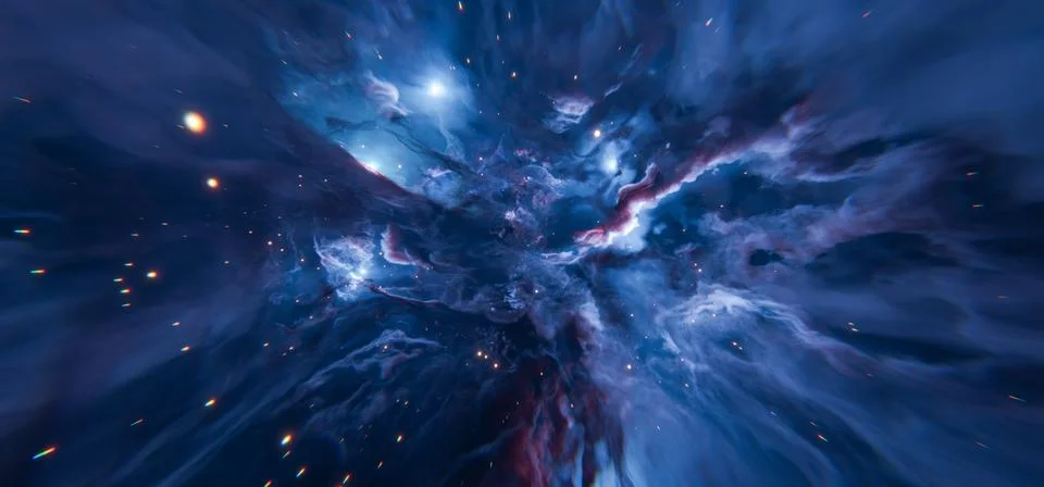 Deep Blue Nebula Background with Bright Star Clouds in Space Illustrazione stock