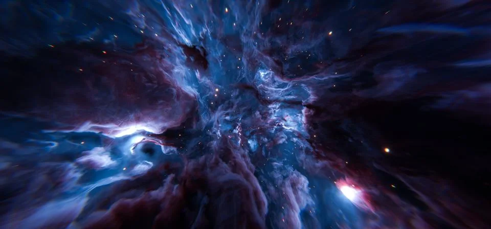 Deep Blue Nebula Background with Bright Star Clouds in Space Illustrazione stock