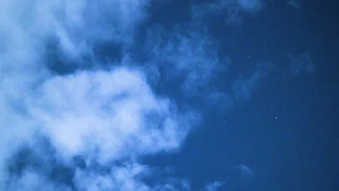 Deep Blue Night Sky and White Fluffy Clouds with Tiny Twinkling Stars 库存影片 344992863