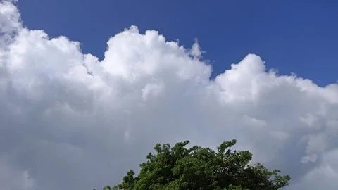 The deep blue sky with white clouds for background or texture copy space Stock-Fotos