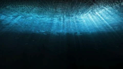 Deep blue underwater with sunlight rays shining through ocean surface. 3D i.. Stock Illustration