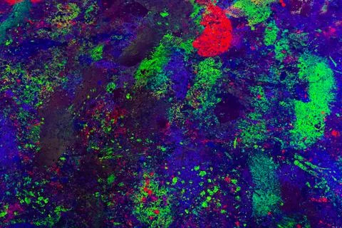 Deep Blue UV-Reactive Paint Splashes With Neon Streaks Glowing Under Blacklig 스톡 사진
