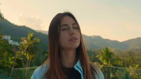Deep breath standing in outdoor. Video stock 179505350