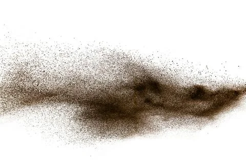 Deep Brown particles splattered on white background. Brown dust splash. Illustrazione stock