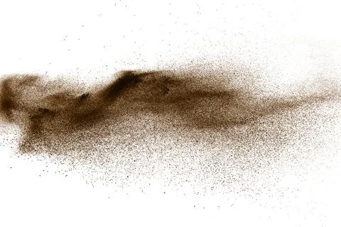 Deep Brown particles splattered on white background. Brown dust splash. Stock Illustration