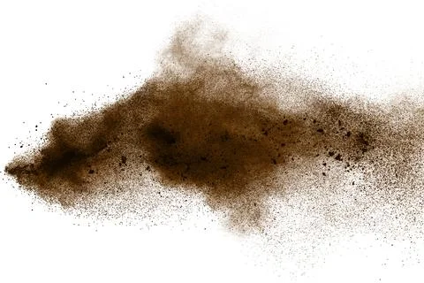 Deep Brown particles splattered on white background. Brown dust splash. Stock Illustration