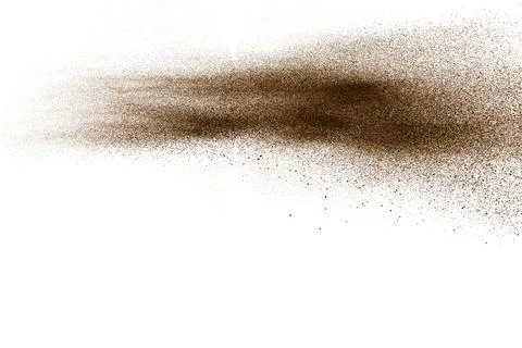 Deep Brown particles splattered on white background. Brown dust splash. Stock Illustration