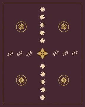 A deep burgundy field presents a centered symmetrical botanical arrangement.. Stock Illustration