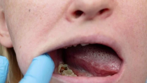 Deep caries, open canals, cleaning canals. Patient at stomatolon on admission, p Stock Footage 98572313
