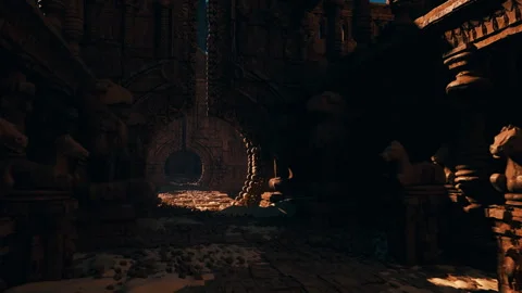 Deep chamber featuring textured stone ground and shadowy pools Stock Footage 346681990
