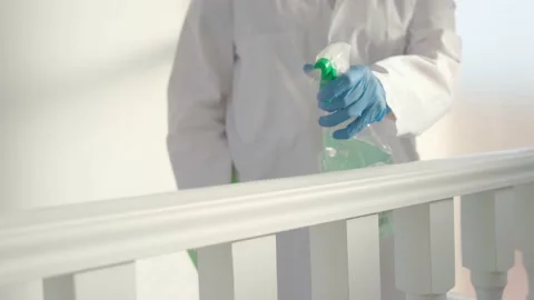 Deep cleaning for Covid-19 disease prevention. Alcohol and Bleach disinfectant. Video stock 131422593