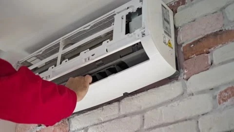 Deep cleaning of home air conditioner from contamination by bacteria and fungus Stock Footage 221556415