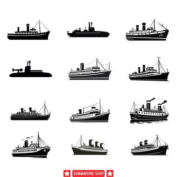 Deep Dive  Submarine Ship Vector Silhouettes Collection for Nautical Designs Stock Illustration