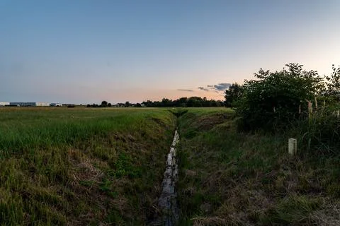 Deep drainage ditch running through a vast green meadow during the evening Stock-Fotos
