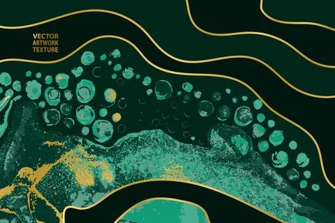 Deep Emerald Green Waves and Swirls with Golden Layers Vector Artwork Texture. Stock Illustration