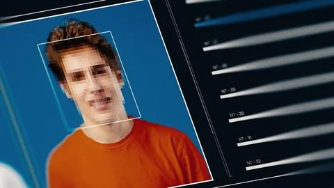 Deep fake technology in action showing a distorted face on a blue background Stock Photos